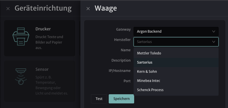 Waage hinzufügen: Hersteller auswählen (z. B. Sartorius)