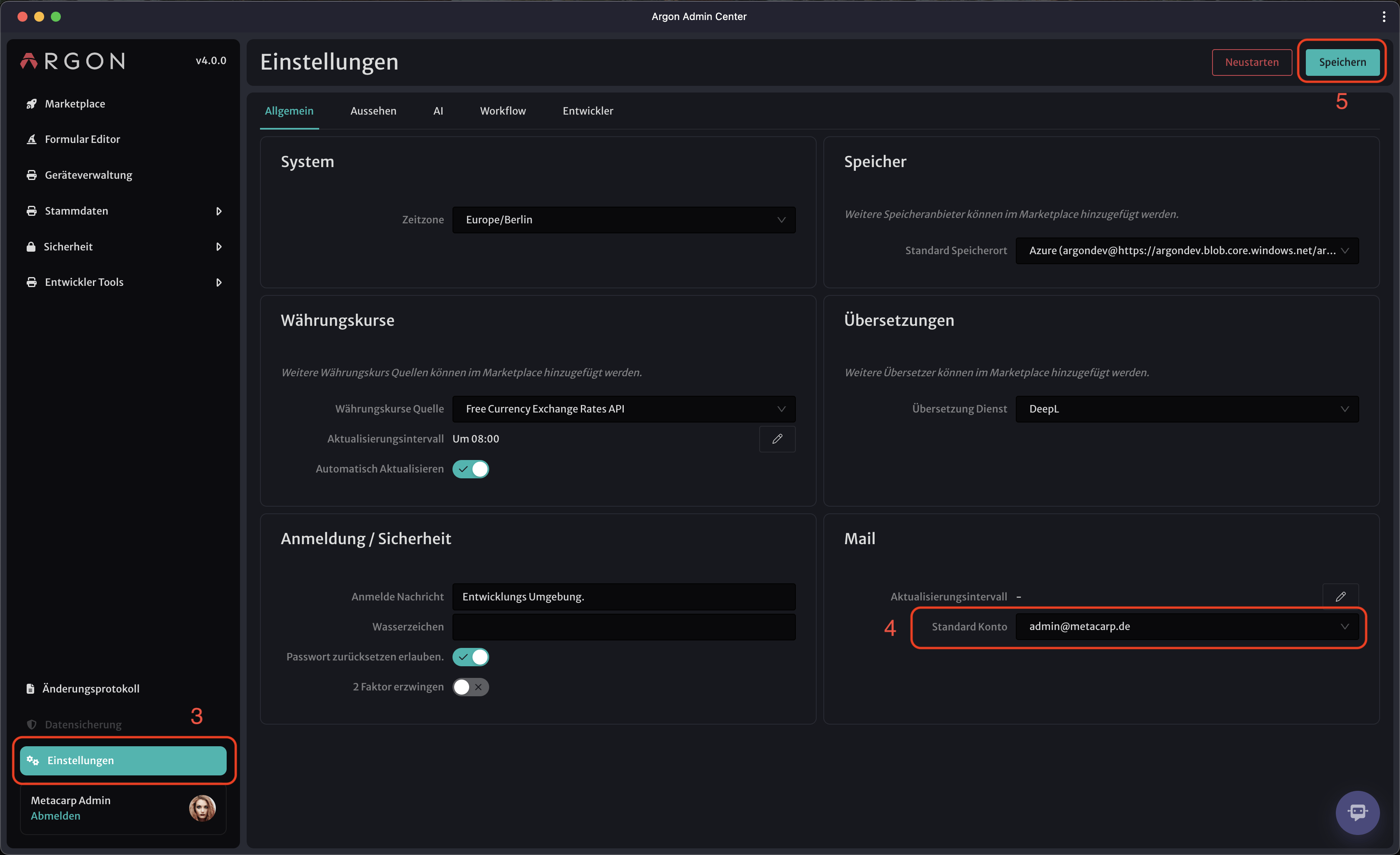 Image: Admin Center Einstellungen: Button "Speichern" hervorgehoben