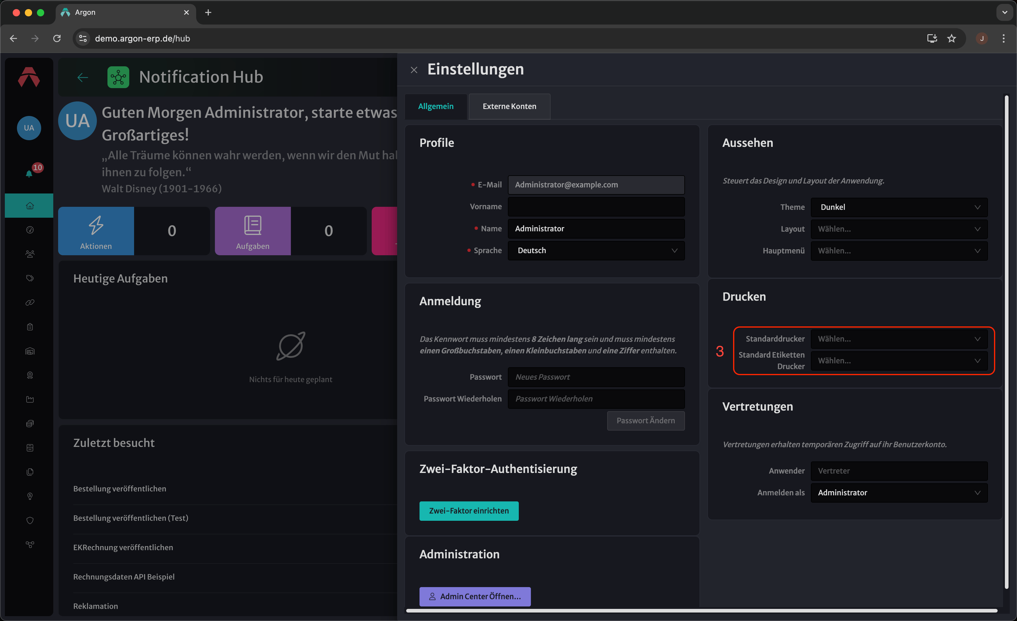 Image: Druckeinstellungen mit Dropdown-Menüs für Standarddrucker und Standard Etiketten Drucker