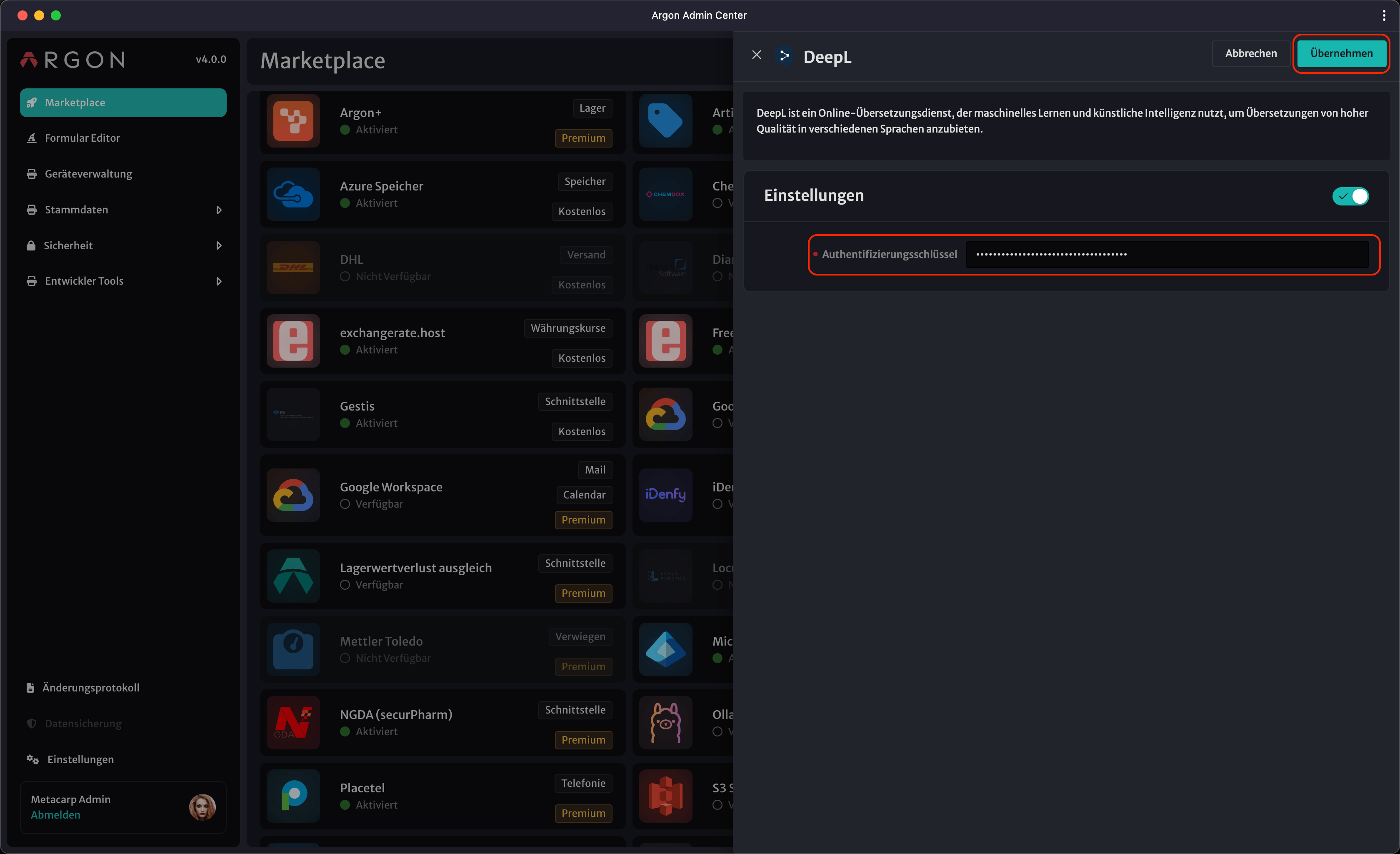 DeepL Konfiguration - Eingabefeld für API-Schlüssel DeepL Konfiguration - Eingabefeld für API-Schlüssel