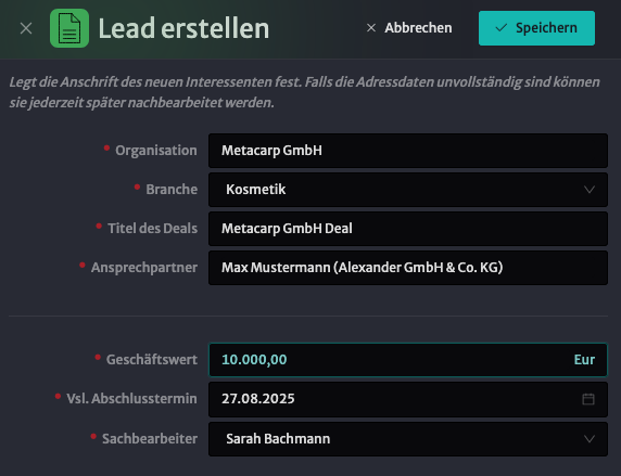 Lead erstellen Dialogfenster