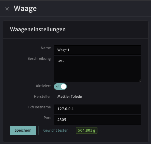 Waageneinstellungen: Speichern und Gewicht testen