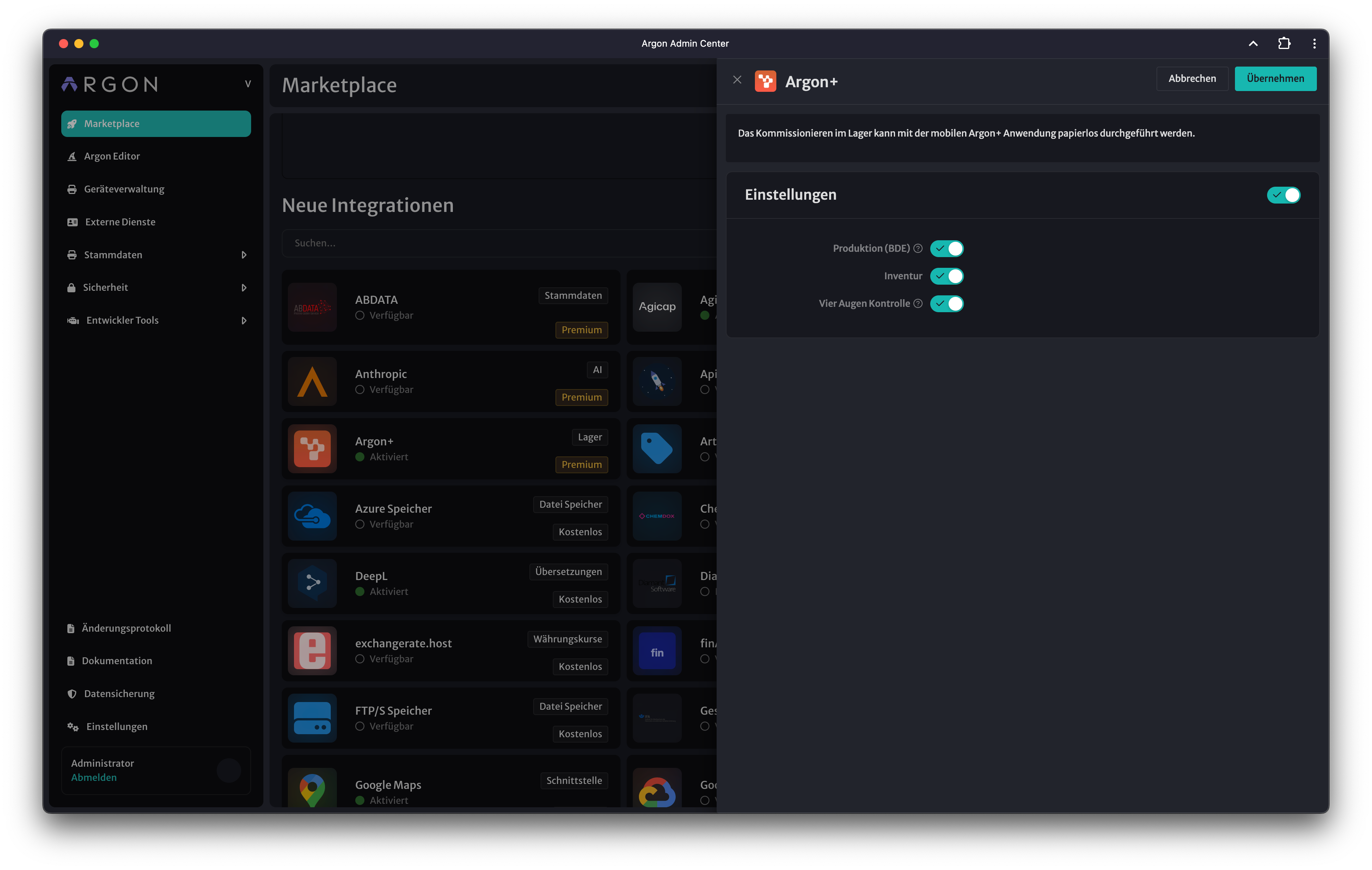 Argon+ Integration im Marketplace mit aktivierter Inventur-Option