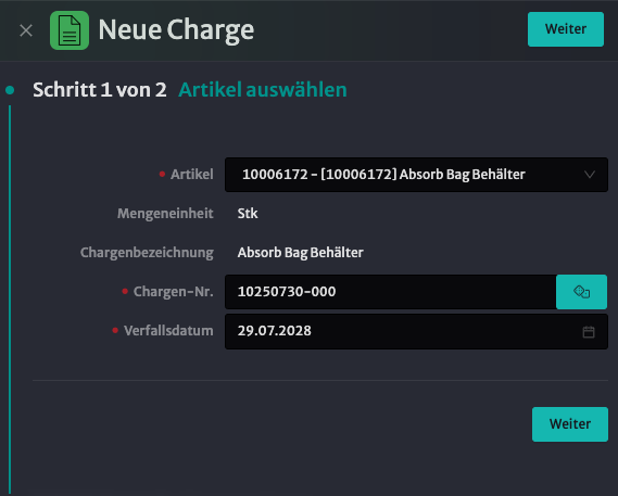 Charge erstellen Schritt 1