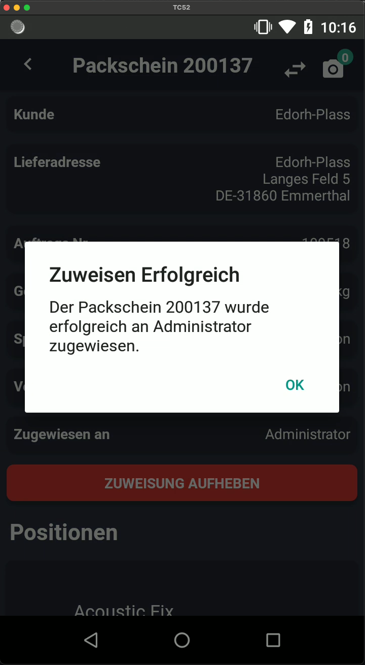 Pick by Pack Zuweisungsbestätigung