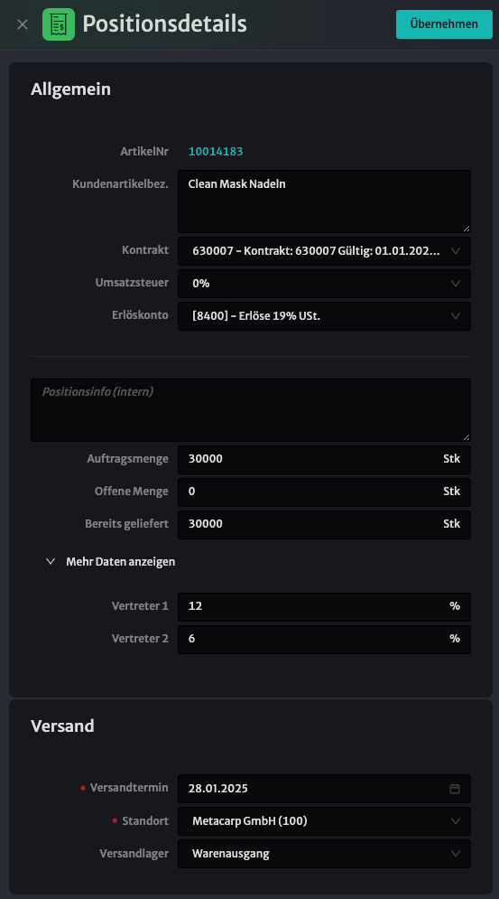 Positionsdetails Allgemein
