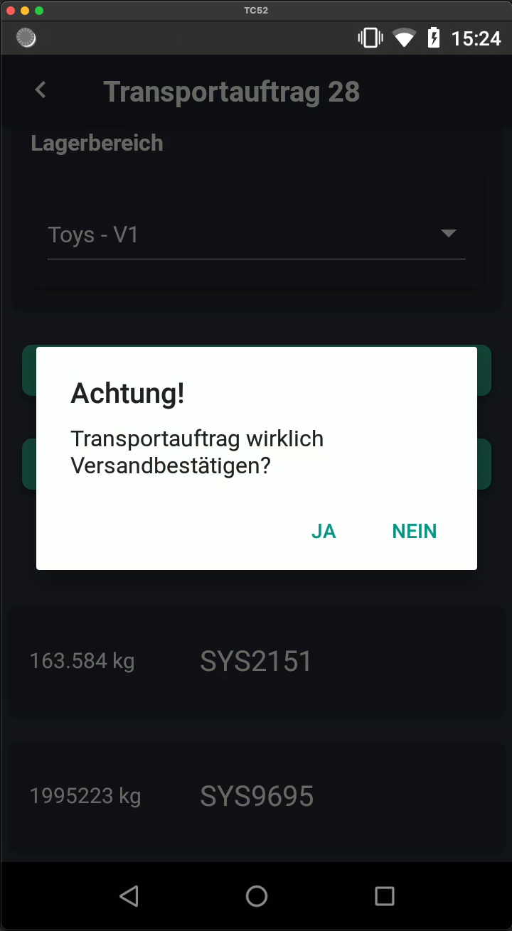 Screenshot: Versandbestätigung-Dialog